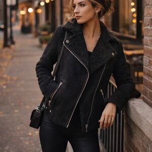 American Eagle Womens Black Faux Suede Sherpa Lined Moto Aviator Jacket Zip Up